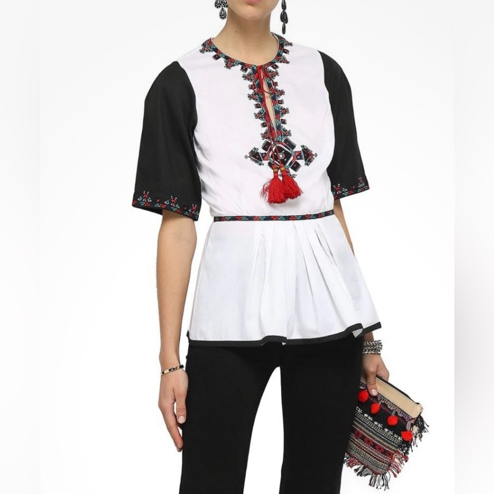 TALITHA Top Blouse White Embroidered Tassels Pleated Sz S New